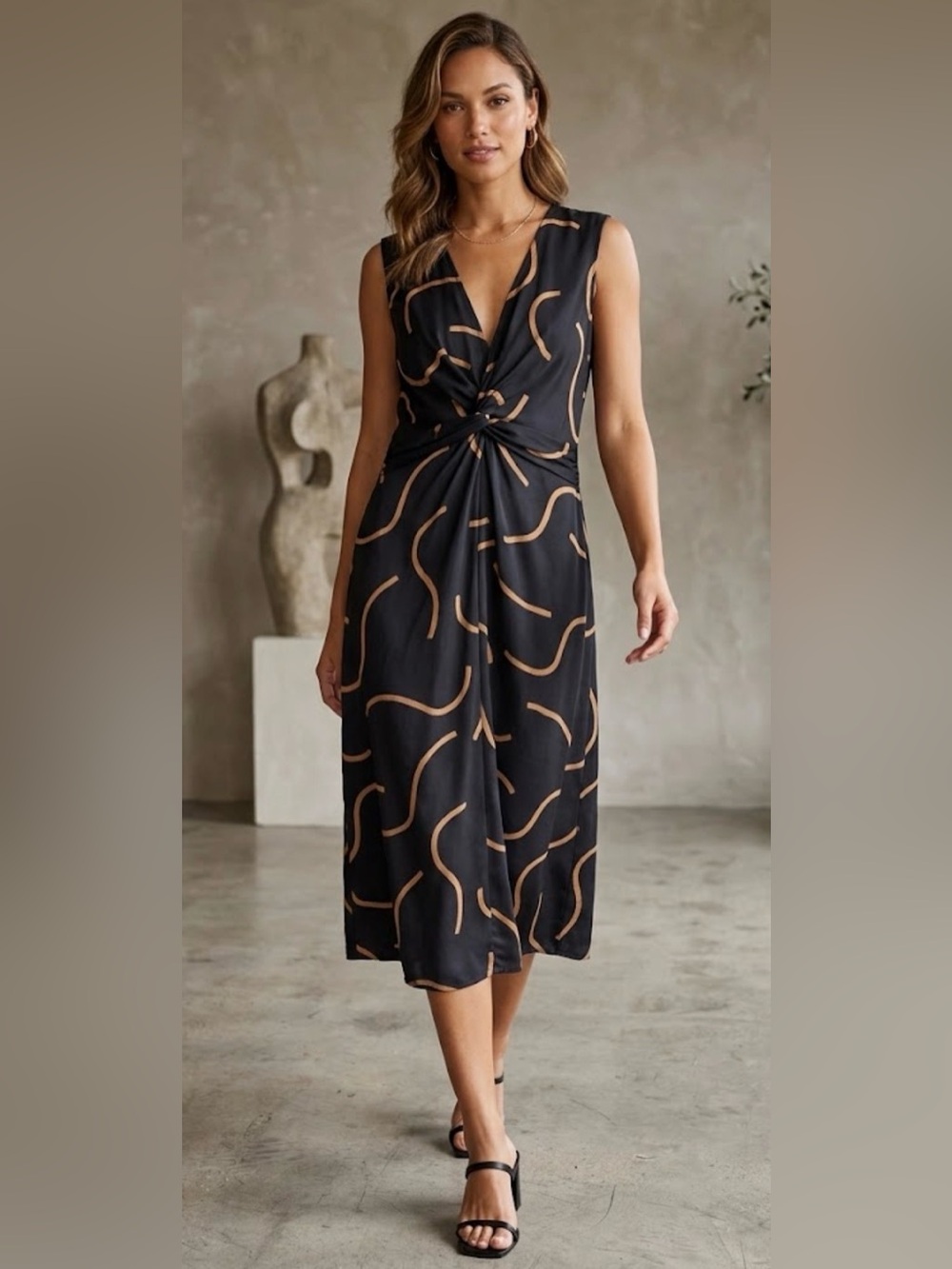 Amour Vert 100% Silk Sleeveless Midi Flowy Cocktail Dress , Medium